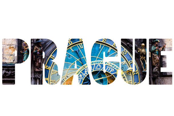 Word PRAGUE over city symbols.