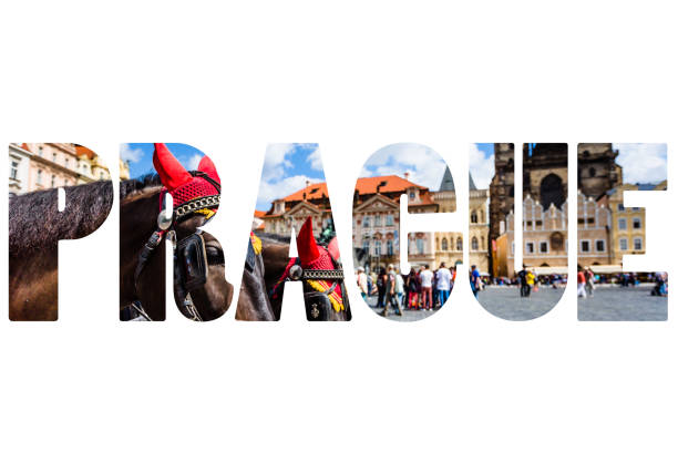 Word PRAGUE over city symbols.