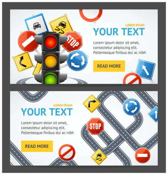 도 표지판 드라이브 학교 전단지 배너 포스터 카드 세트. 벡터 - car traffic road transportation stock illustrations