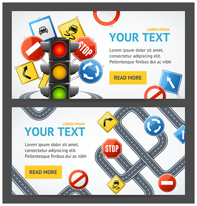 Road Sign Drive School Flyer Banner Posters Card Horizontal Set Education Driving Rules. Vector illustration