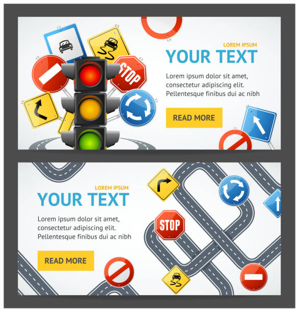 Road Sign Drive School Flyer Banner Posters Card Set. Vector Road Sign Drive School Flyer Banner Posters Card Horizontal Set Education Driving Rules. Vector illustration traffic stock illustrations