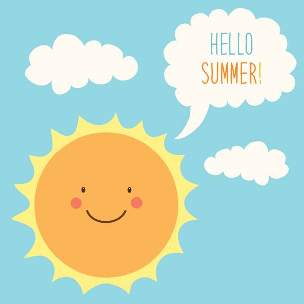 istock Hello Summer card as cute hand drawn smiling cartoon character of Sun 680431568
