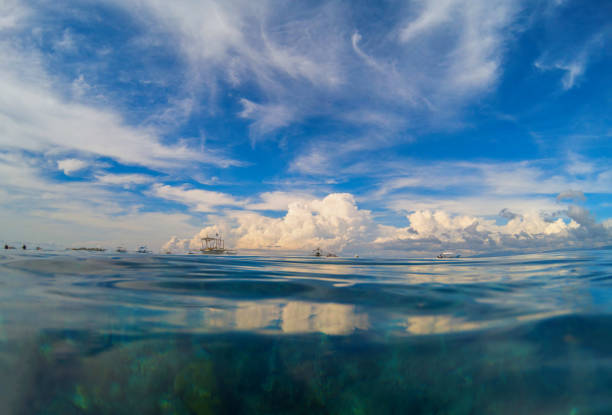 istock Marine landscape with transparent water and blue sky with clouds. 680431814
