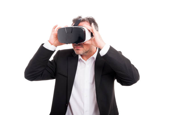 istock Young man with modern glasses for virtual reality 680437412