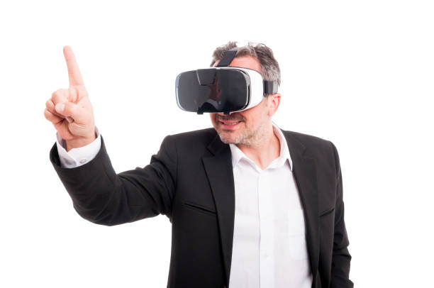 istock Man wearing virtual reality goggles for video games 680437436
