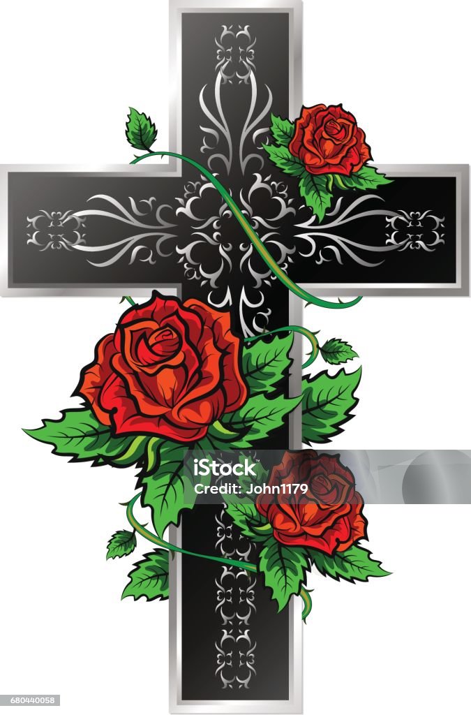 Cross with ornament and roses Cross with ornament and roses design for vector Religious Cross stock vector