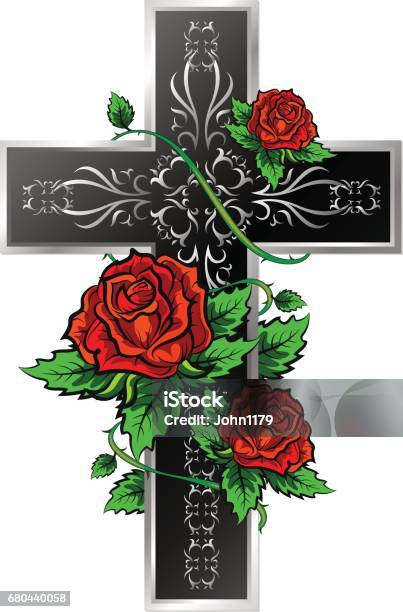 Cross With Ornament And Roses Stock Illustration - Download Image Now - Religious Cross, Rose - Flower, Art