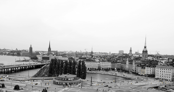 Panorama of the city, black and white with yellow highlighting, travel