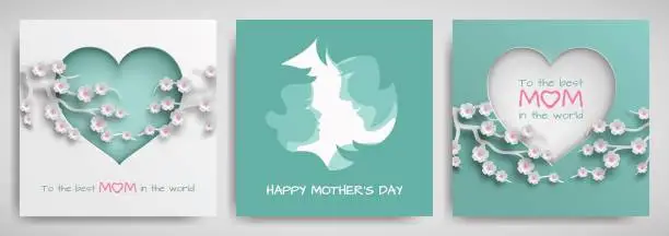 Vector illustration of Set of green and pink greeting card for mother's day with women and baby silhouettes with сongratulations text, cuted paper heart decorated cherry flowers