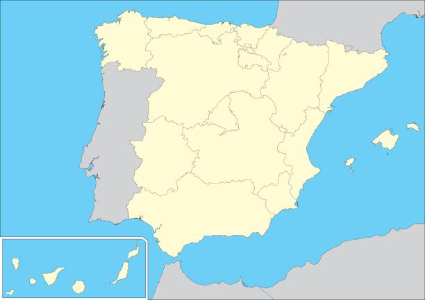 Spain Autonomous Communities Vector map of Spain with their autonomous communities. This map was traced using as reference NASA public domain Hi-res pictures from http://visibleearth.nasa.gov/view.php?id=74092  and treated in Illustrator and specialized GIS software (Qgis, mapublisher, global mapper...) on sept-10-2010. Illustration has one layer ceuta map stock illustrations