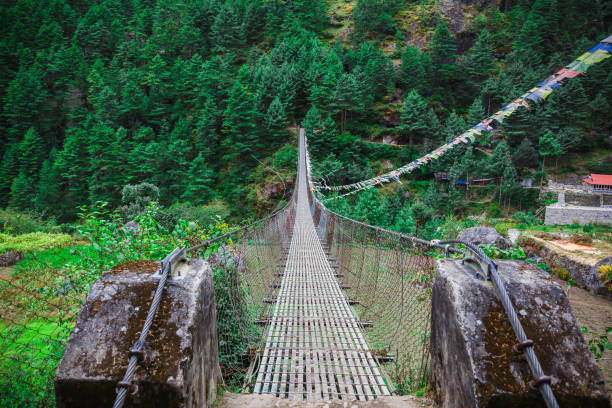 istock Suspension bridge in the mountains 680444188