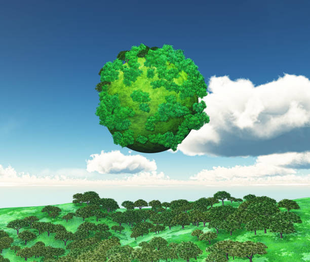 istock 3D globe of trees over a grassy landscape 680450184