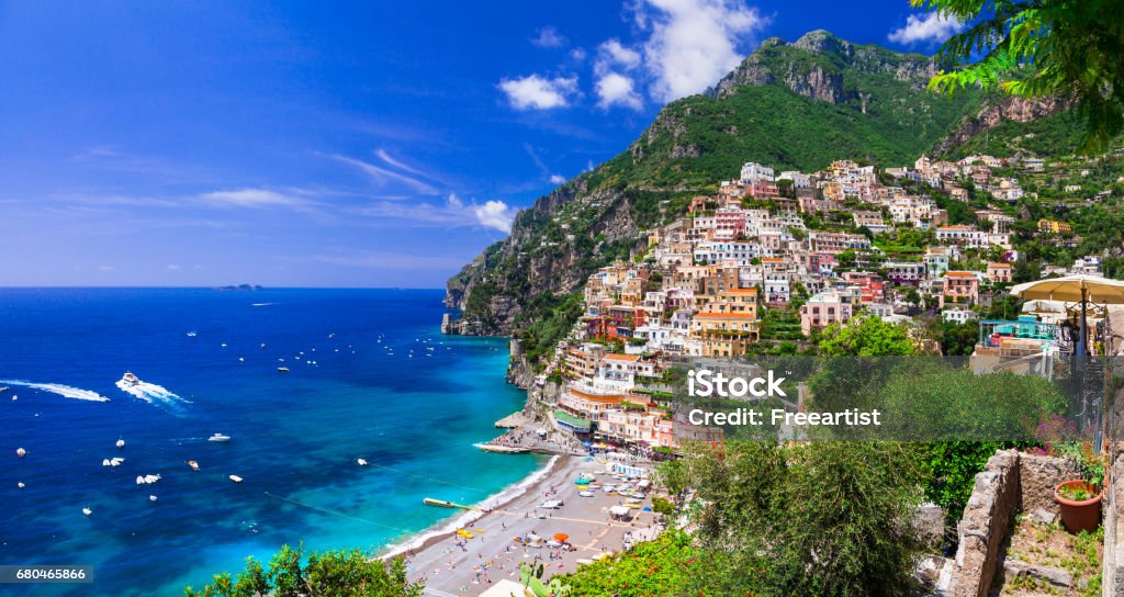 Beautiful coastal towns of Italy - scenic Positano in Amalfi coast Pictorial coast Amalfitana. Campania region of Italy Capri Stock Photo