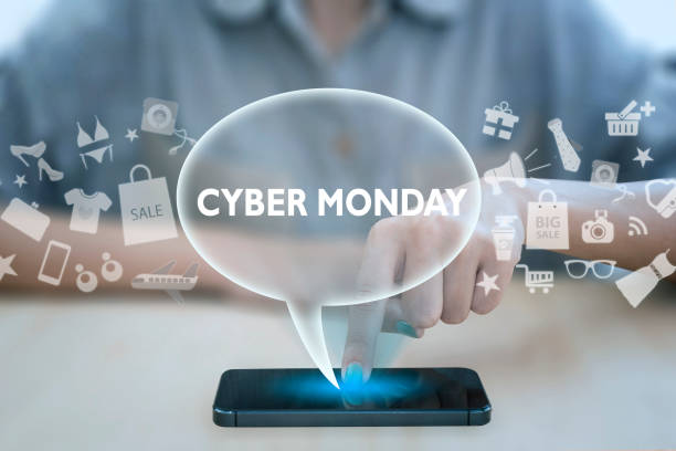 istock Woman using smart phone pressing button cyber monday icon. concept shopping online. 680470588