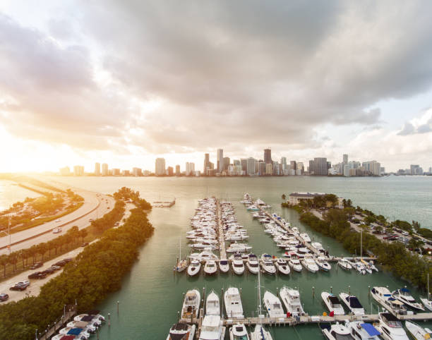 Downtown Miami City Harbor and Skyline in Florida USA and beautiful sky
