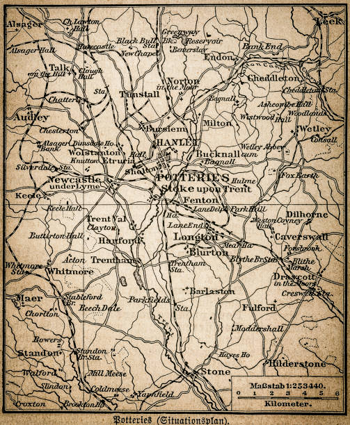 Potteries map Antique illustration of a Potteries map modern map north east england uk stock illustrations