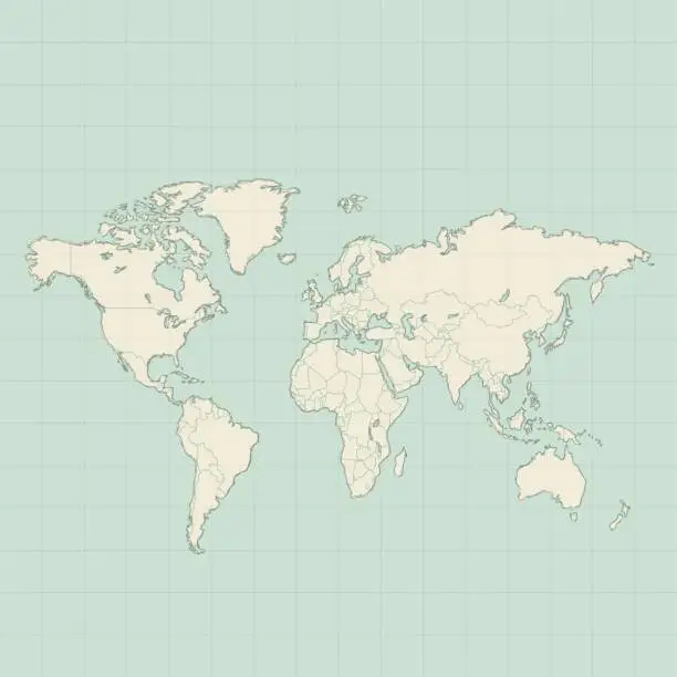 Vector illustration of World map beige on teal gridbackground