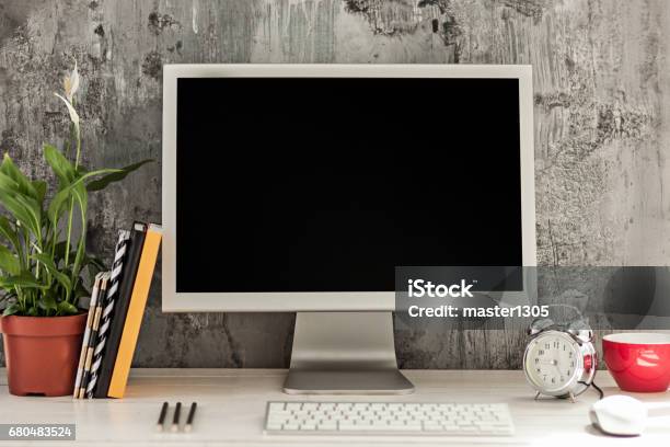 Stylish Workspace With Computer On Home Or Studio Stock Photo - Download Image Now - Blank, Business, Business Finance and Industry