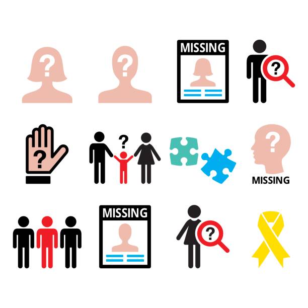 Missing people - man and woman, missing children icons set Vector icons set - missing person isolated on white lost icon stock illustrations