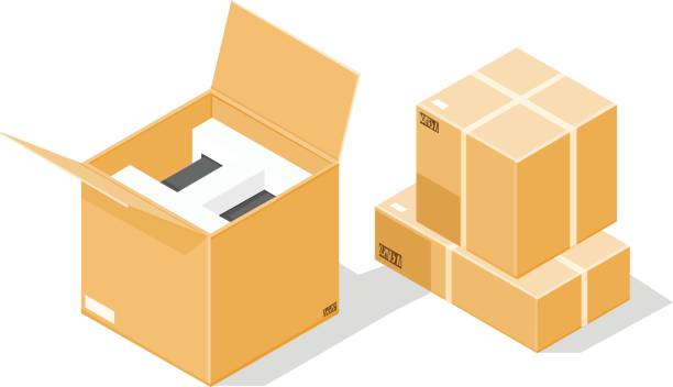 Delivery and moving goods icon comcept. A vector illustration of closed and open cardboard box Icon. Protection, safety and packaging material for the transporting goods and merchandise. polystyrene box stock illustrations