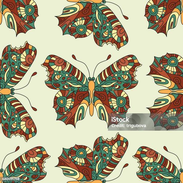 Seamless Vector Hand Drawn Pattern With Fantasy Butterflies In Modern Style Stock Illustration - Download Image Now