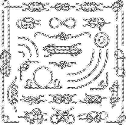 Nautical rope knots vector decorative vintage elements. Set of rope knots, illustration of vintage rope marine