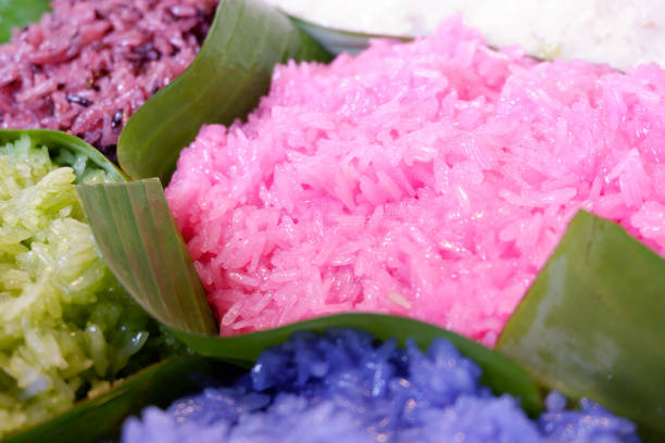 Close up colorful sticky rice, traditional Thai dessert