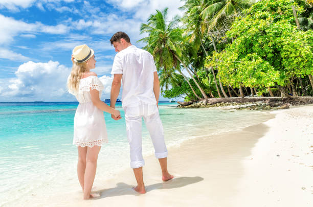 istock Two lovers stroll around the island. The Maldives. 680502866