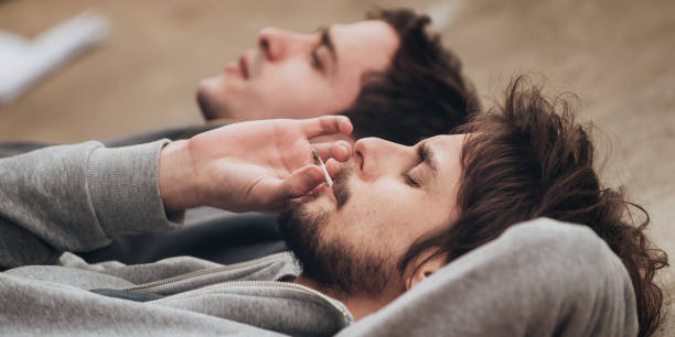 two friends lying on the ground and smoke grass - tobacco cigarette tobacco product rolling imagens e fotografias de stock