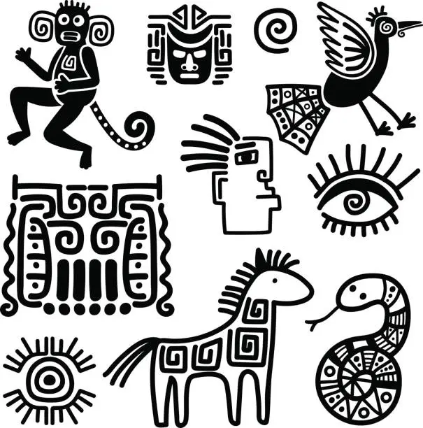 Vector illustration of Mexican tribal black line symbols