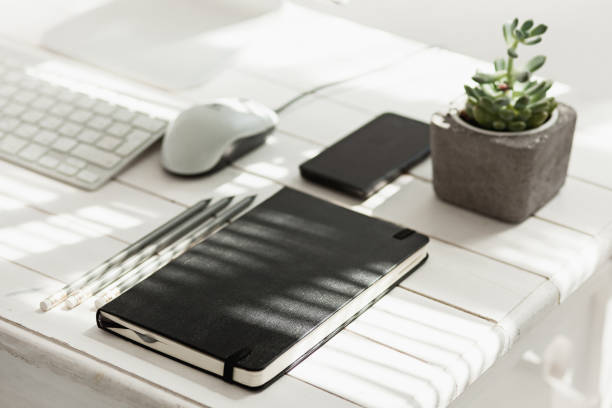 istock Office desk table with computer, supplies and mobile phone 680505508