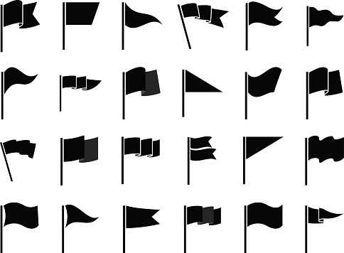 Black flags icons and pennants signs isolated on white background for infographic. Vector illustration