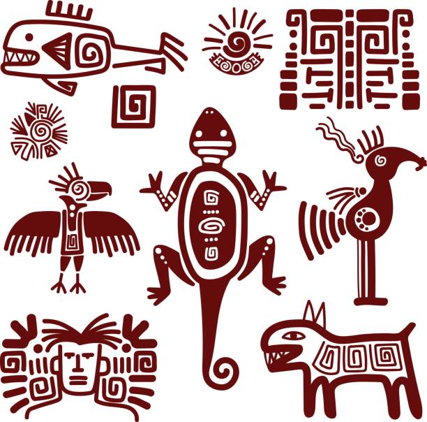ilustraciones, imágenes clip art, dibujos animados e iconos de stock de maya o signos tradicionales indianas - dibujos aztecas