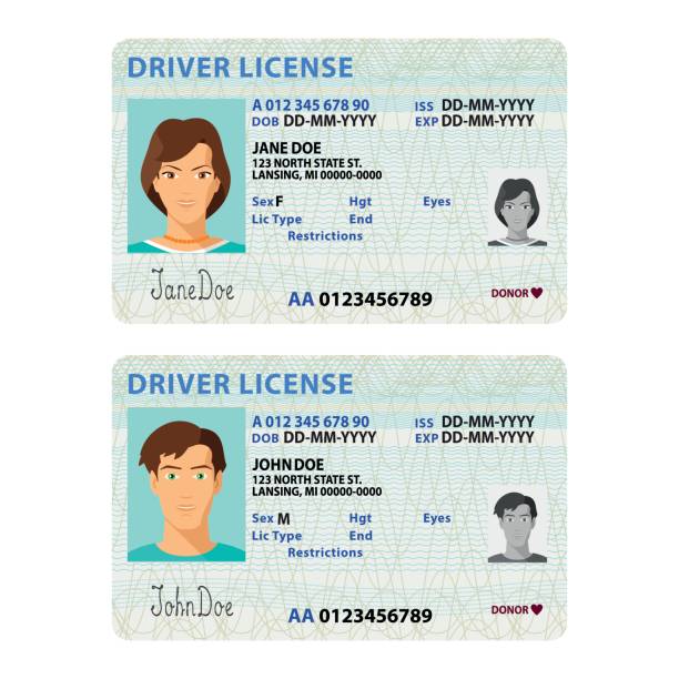 ilustrações de stock, clip art, desenhos animados e ícones de vector man and woman driver license plastic card template - id card