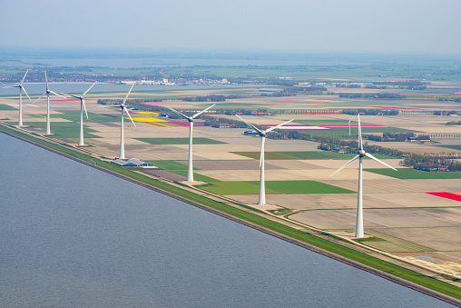Aerial view of wind turbines on the coast in front of various colors of tulip flower field growing in The Noordoostpolder in Flevoland, The Netherlands. Each year during spring different areas in Holland are colored vividly by growing flower bulbs.