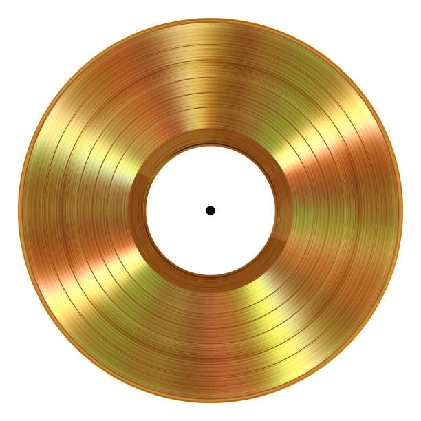 白い背景の上の現実的なゴールド ビニール レコード - ディスク ストックフォトと画像