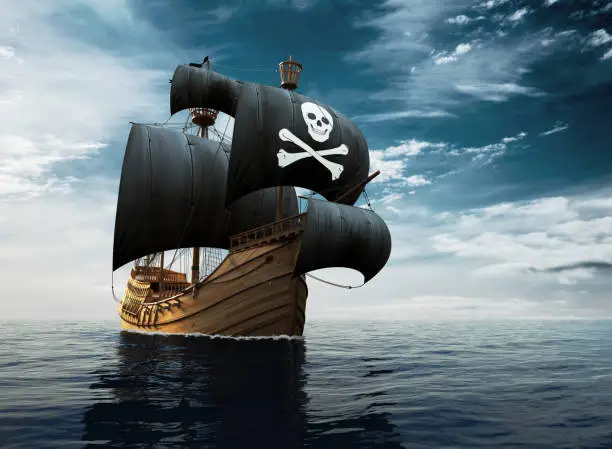 Pirate Ship On The High Seas. 3D Illustration.