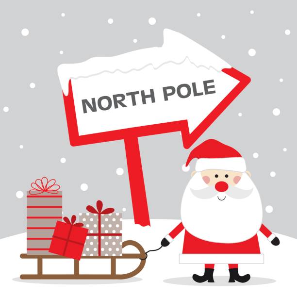 ilustraciones, imágenes clip art, dibujos animados e iconos de stock de lindo santa y trineo de santa - pole sign north north pole