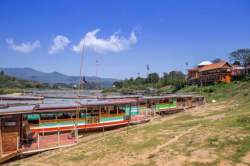 Thai-Laos boat transportation on Laos border, Tourism editorial, summer outdoor day light