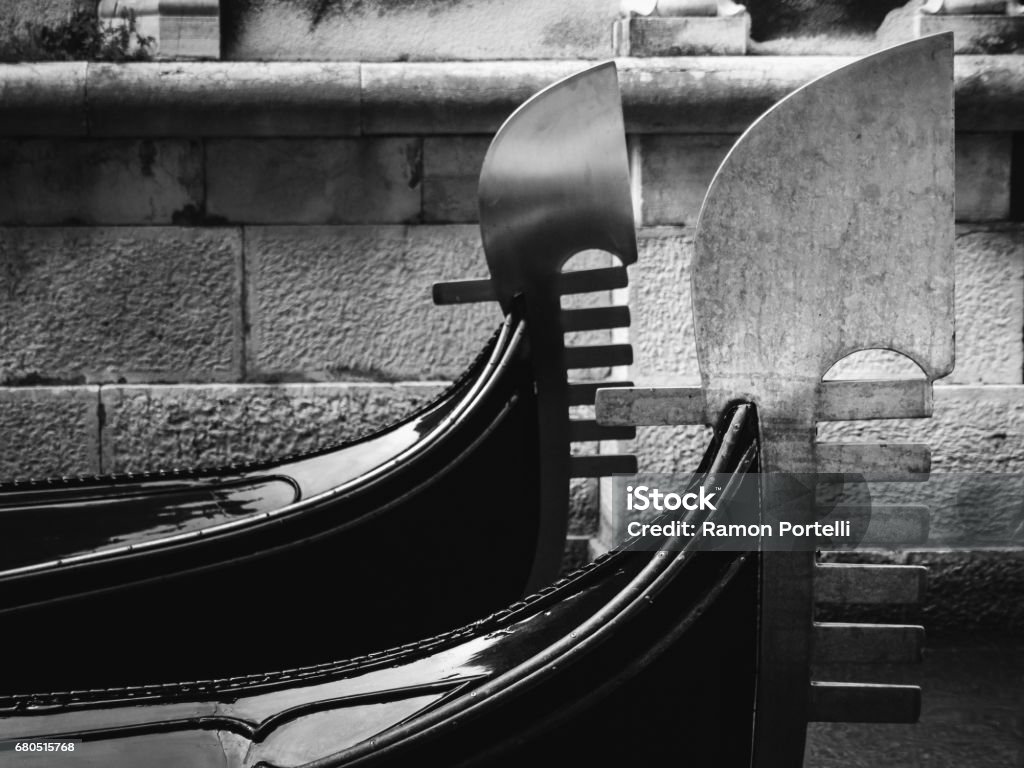Iron prow head of a Venetian (from Venice) gondola, known as the fero da prora symbolising different important elements of the city. Venice - Italy Stock Photo