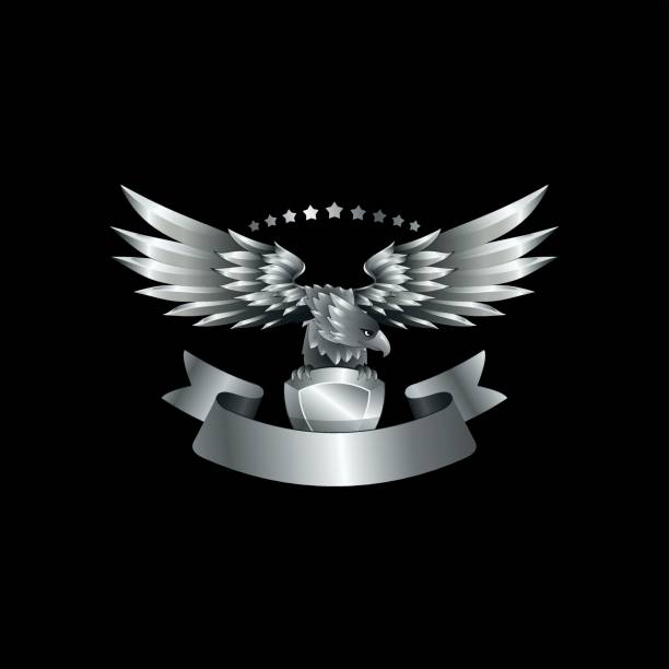 illustrations, cliparts, dessins animés et icônes de emblème d’aigle en métal chromé avec le ruban. aigle héraldique avec des ailes. - wing insignia metal silver