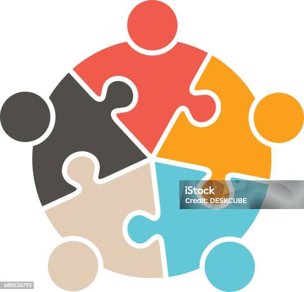 Teamwork People Five Puzzle Pieces Vector Graphic Design Stock Illustration - Download Image Now