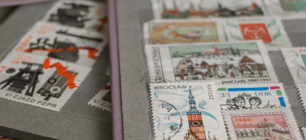 istock Old phylatelic albums with postmarks from different countries 680529856