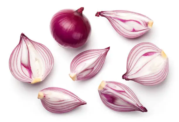 Red sliced onions isolated on white background. Top view