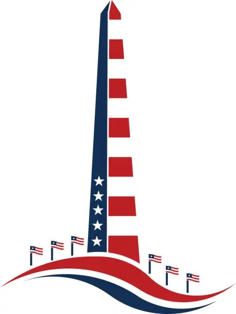 Vector illustration of Washington monument stars and stripes.Concept of commemoration, DC landmark, patriotism.