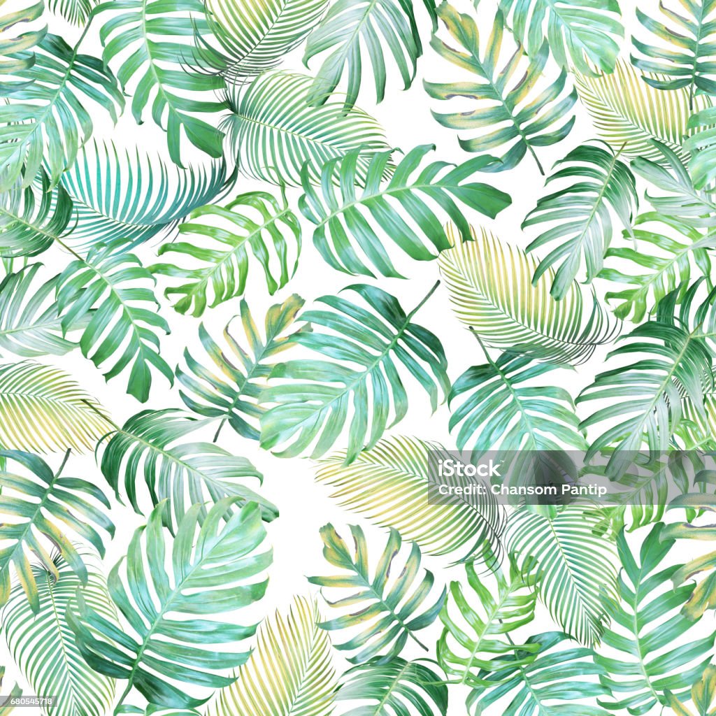 Tropical leaves seamless pattern of Monstera philodendron and palm leaves in light green-yellow color tone, tropical background. Backgrounds Stock Photo