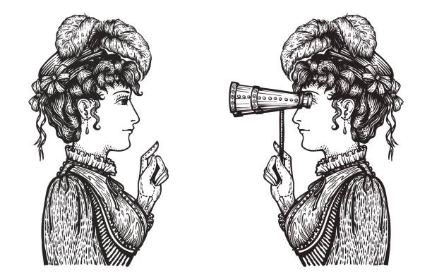 Retro women chat Vector illustration of vintage engraved women - person pointing with index finger, showing something to person looking through binoculars with high attention - hand drawn clipart steampunk woman stock illustrations