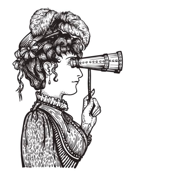 Vintage woman with binocular Vector illustration of vintage engraved woman in hat with feathers and dress - person looking through binocular at something - isolated on white with copy space, hand drawn clip art. steampunk woman stock illustrations