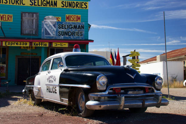 In July 2019, tourists could admire an old vintage car in Kingman on Route 66 in Arizona, USA