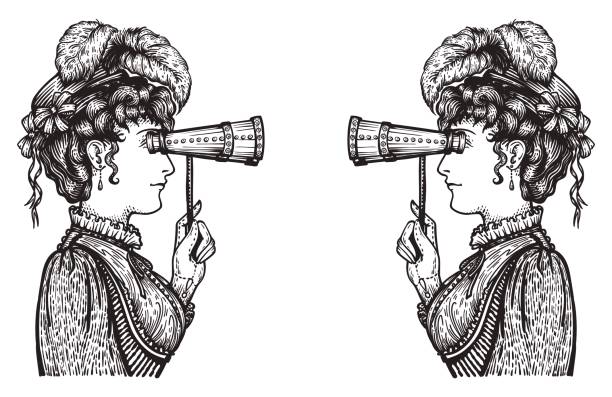 Attentive women Vector illustration of vintage engraved women looking to each other through binoculars with high attention steampunk woman stock illustrations